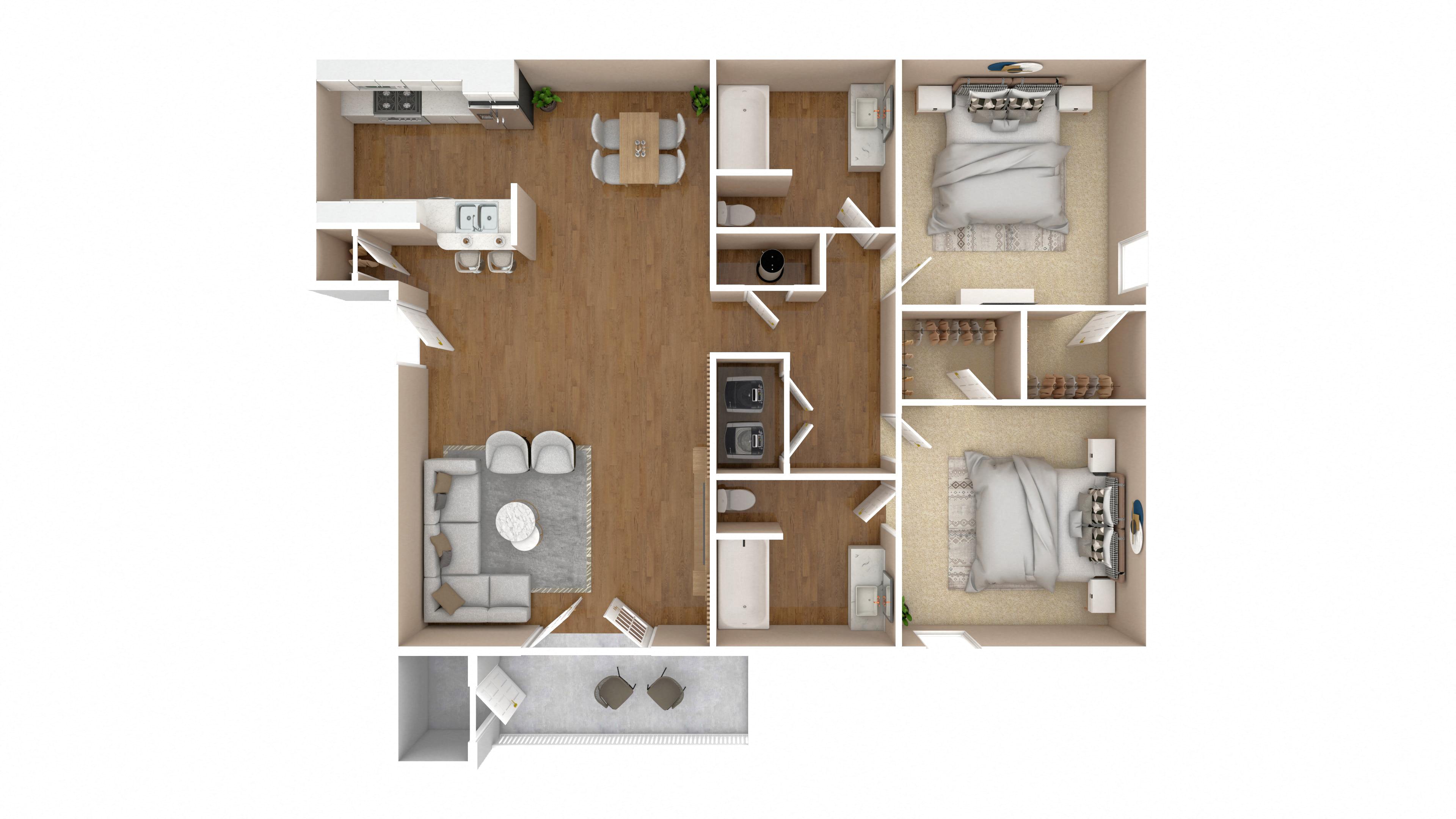 Floor plan for 2 beds, 2 baths, 1186 sqft